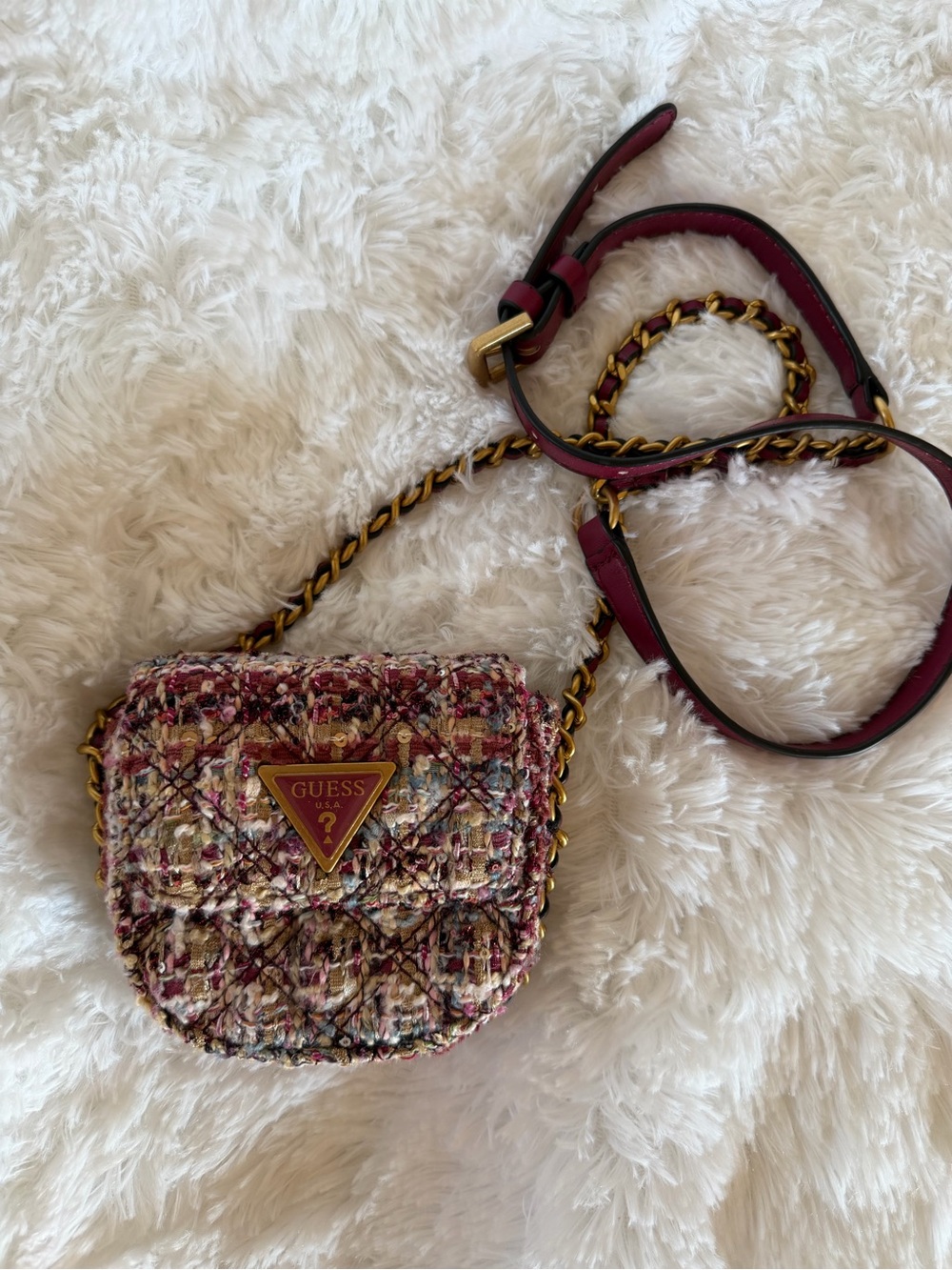 GUESS Multicolor Tweed Crossbody with Gold Chain Trim